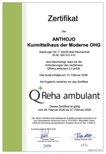 Zertifikat QReha ambulant 2.0 für das Kurmittelhaus der Moderne. Gültig von 28. Februar 2026 bis 27. Februar 2029.